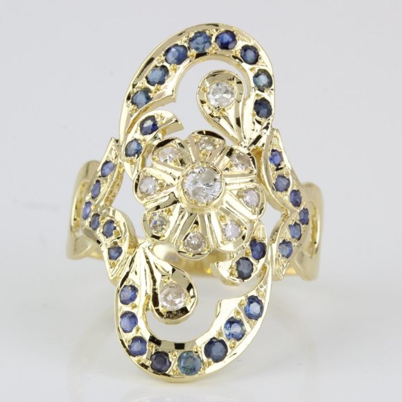 Jewelry - 18k Yellow Gold Diamond & Blue Sapphire Flower Floral Anniversary Statement Ring